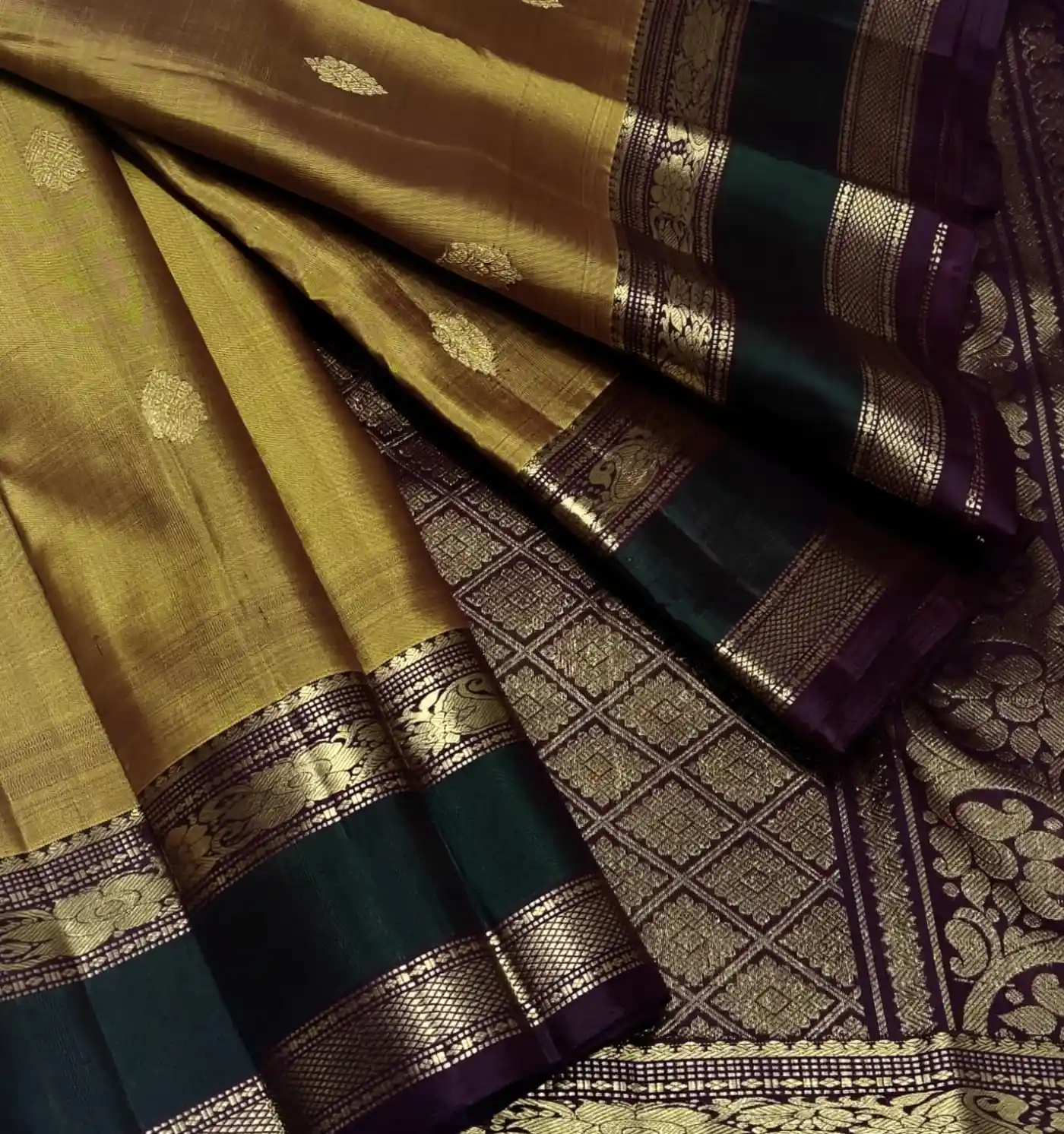 Mustard Yellow & Deep Purple Silk Saree